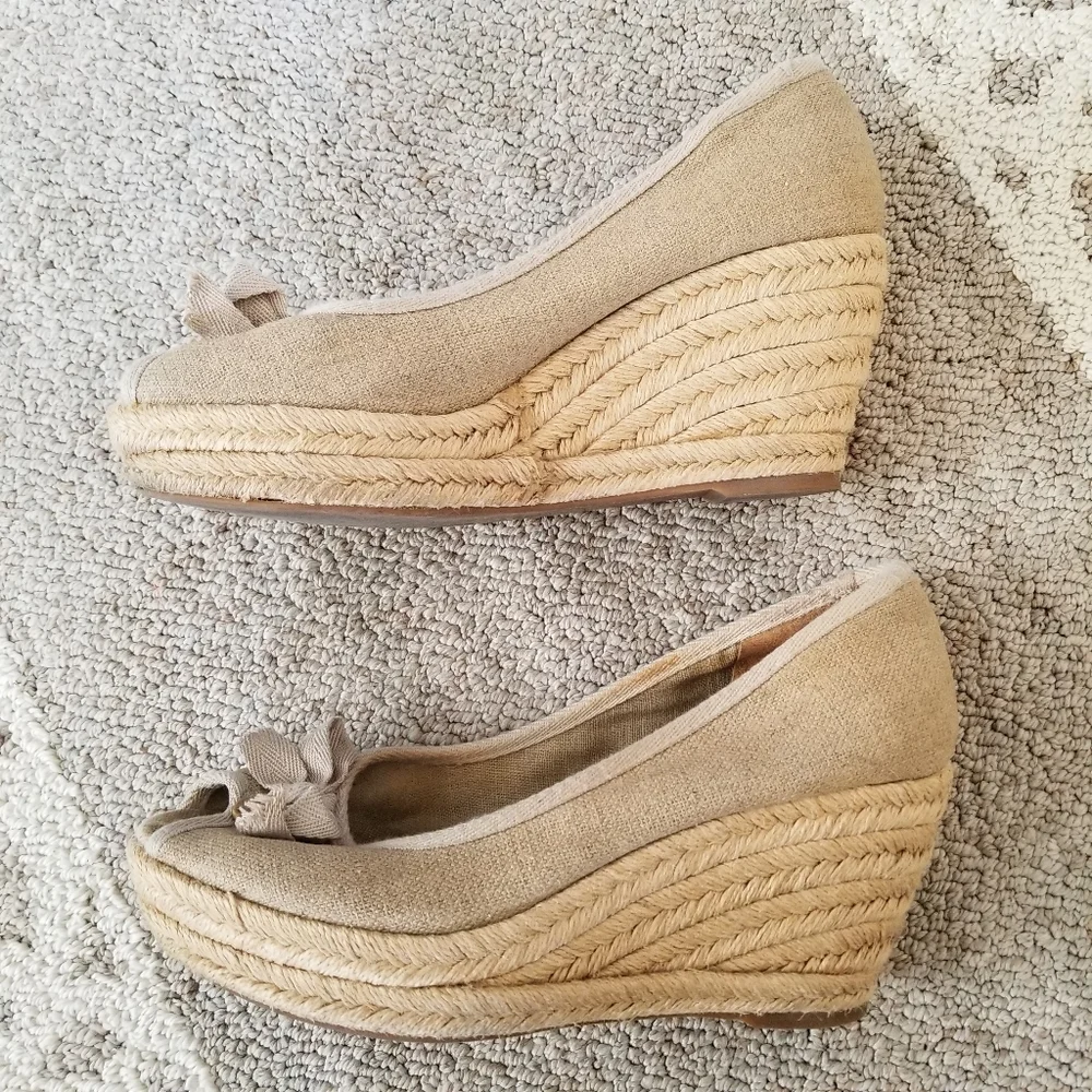 Tory Burch Beige Canvas Peep-Toe Espadrille Wedges with Bow